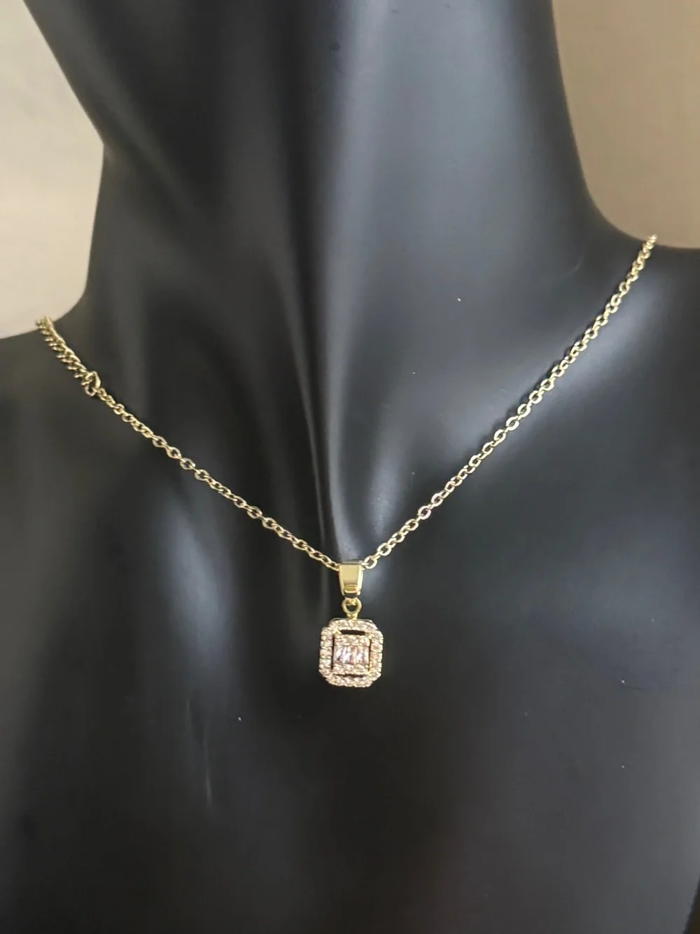 18K Gold Plated CZ Emerald Cut Pendant Necklace 16-18”